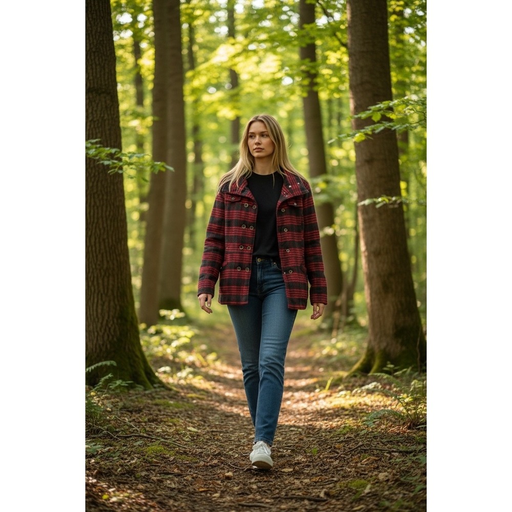 Hurley Plaid Pea Coat Womens Medium Red‎ Black Sherpa Lined Funnel Neck Jacket